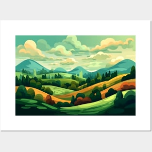 Abstract landscape with hills and trees and cloudy sky. Posters and Art